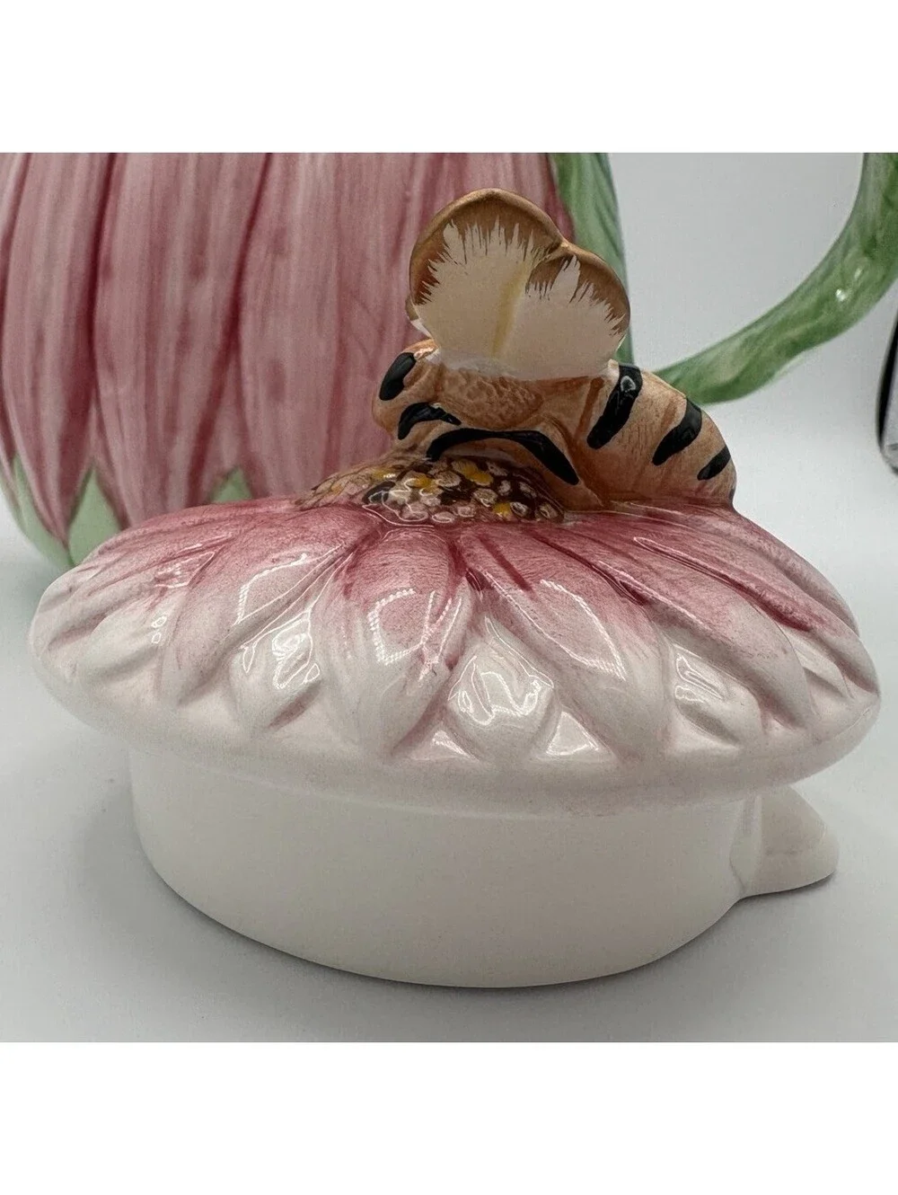 Vintage The Bombay Company Pink Gerber Daisy Teapot with Bumble Bee Lid